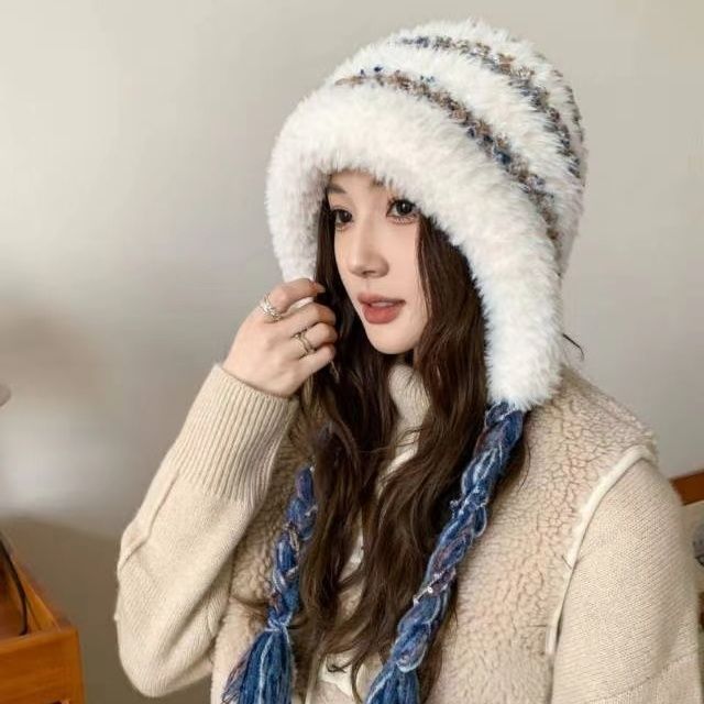 可爱毛绒帽子女秋冬彩色辫子针织款冬天护耳保暖东北防寒风雪帽HR