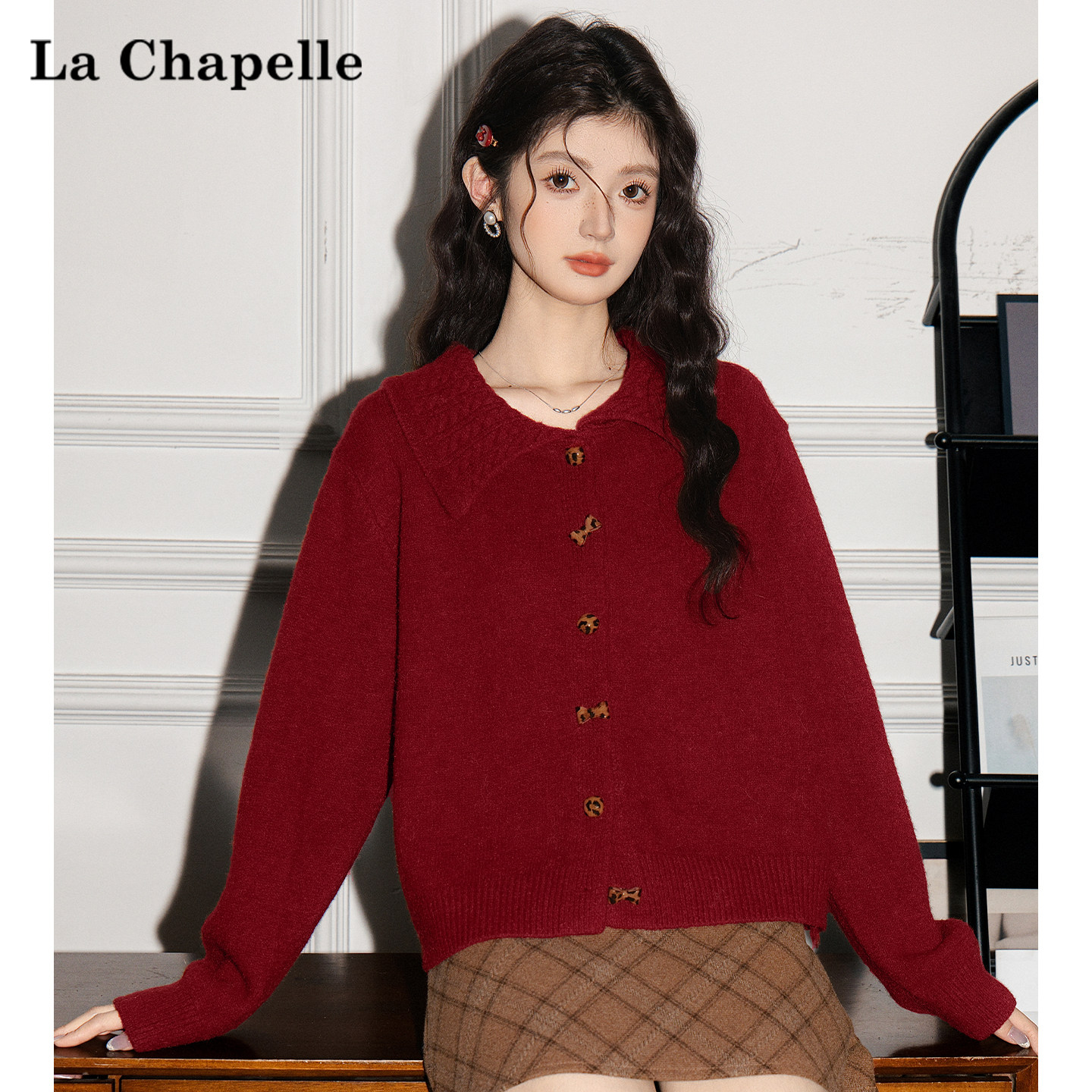 拉夏贝尔复古红色圣诞穿搭毛衣外套女装冬季针织开衫软糯外穿上衣