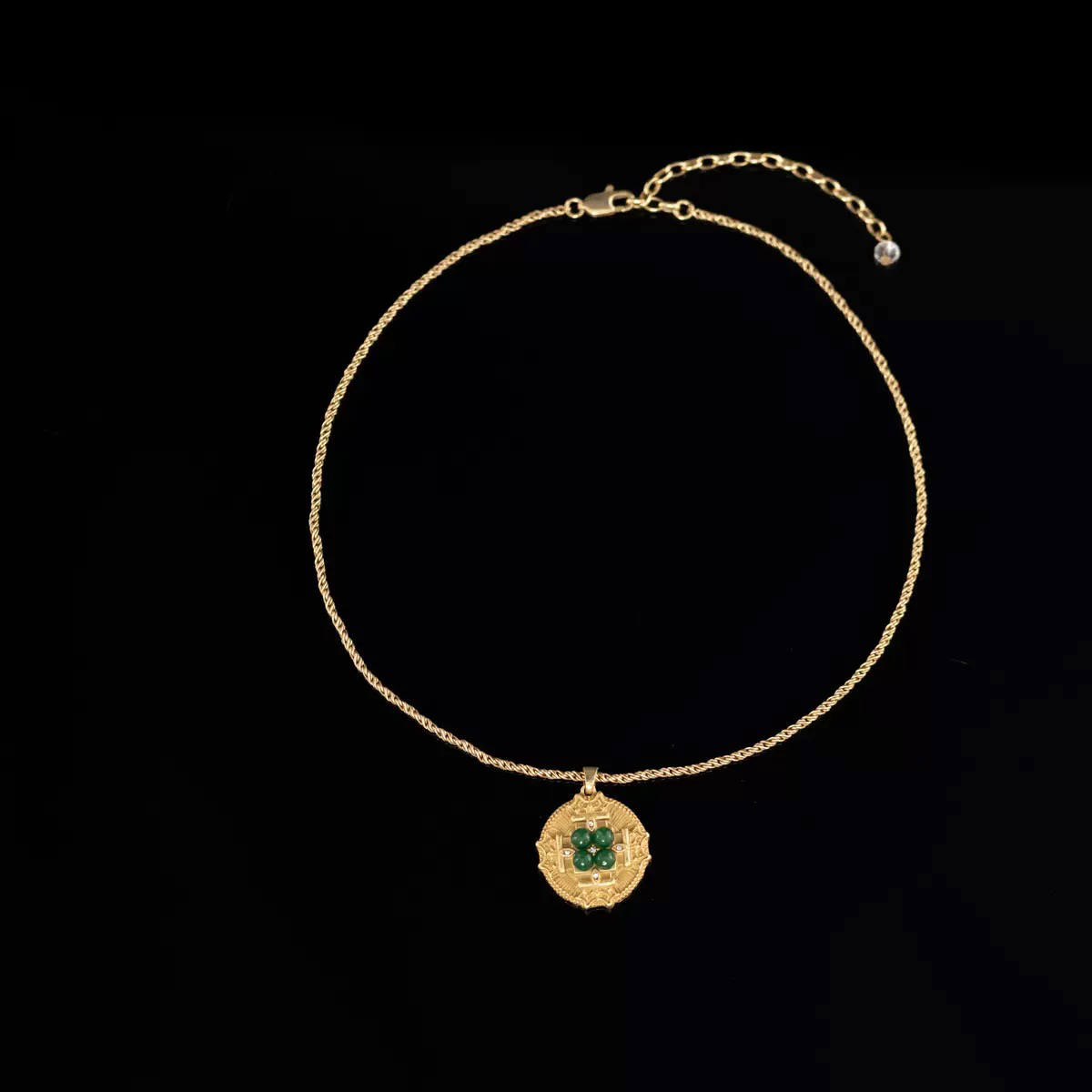 铜合金项链 中古vintage复古圆形镶四颗脑吊坠项链