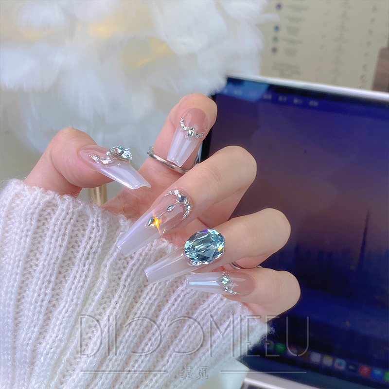 【仙本那】缇觅轻奢361浅粉蓝魔镜粉华子钻纯手工可拆卸式穿戴甲