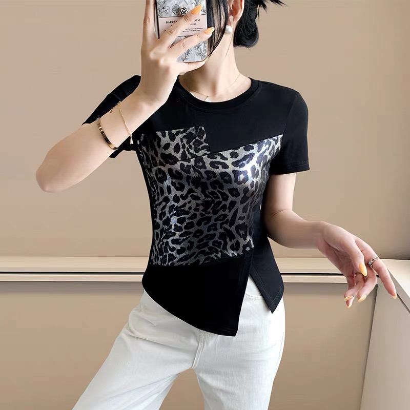 欧货体恤女2025夏装新款洋气不规则开叉短袖T恤气质豹纹烫金上衣