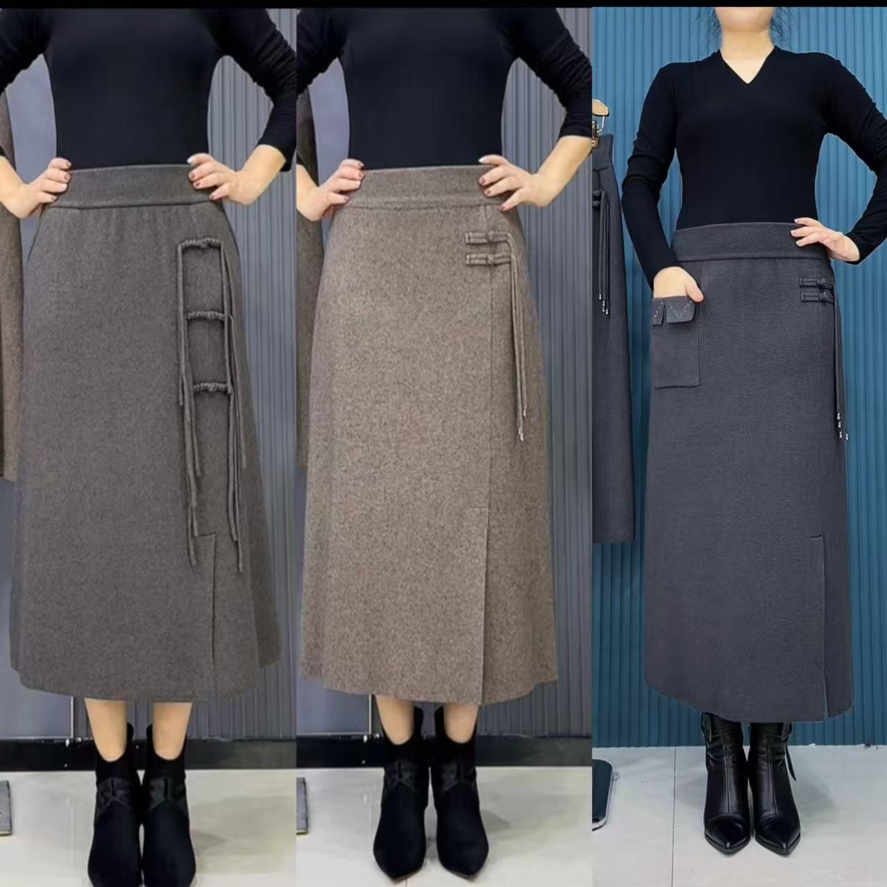 9702#秋冬新款流苏盘扣半身裙高腰弹力前开叉时尚休闲百搭