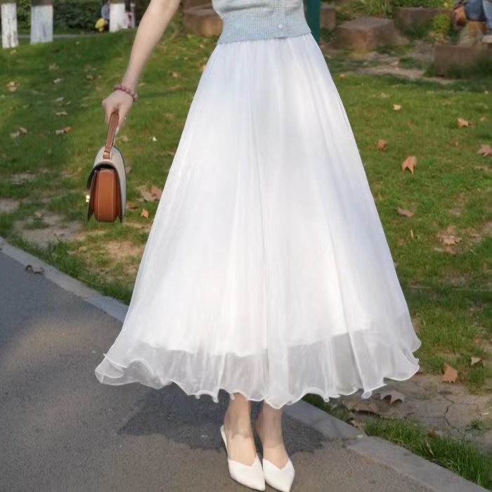 【不透】显瘦半身裙气质高腰春季新款中长款网纱裙A字白裙仙女裙