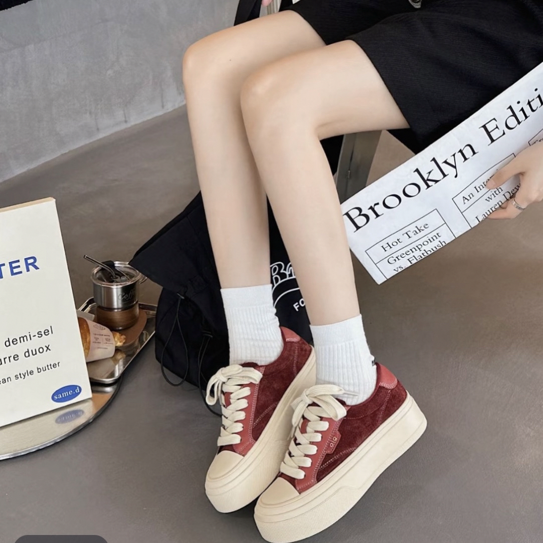 头层牛皮秋冬新款休闲鞋女复古松糕小白潮鞋休闲低帮运动6658