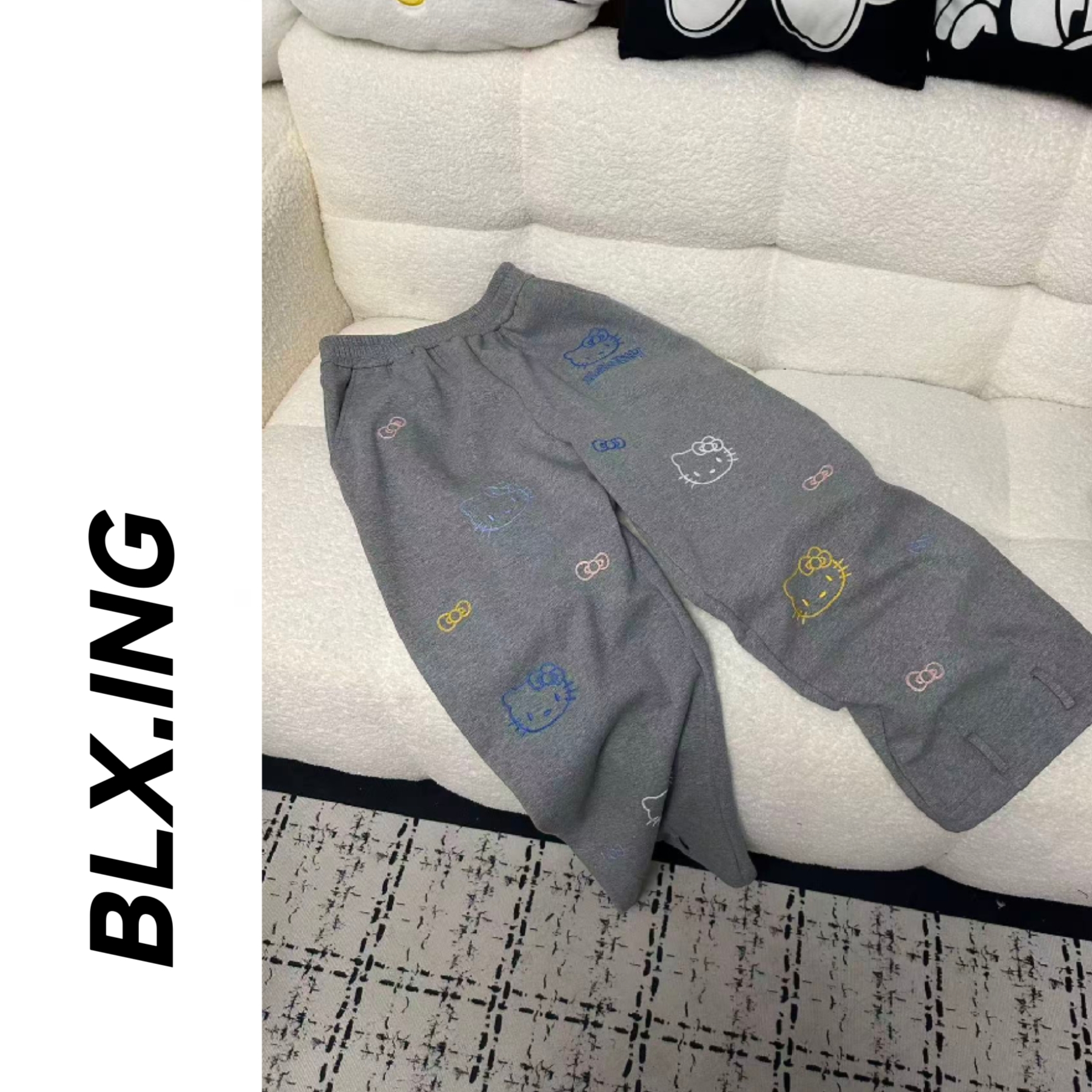BLX--新款韩系ins风kitty刺绣小众设计师款加绒卫裤5856