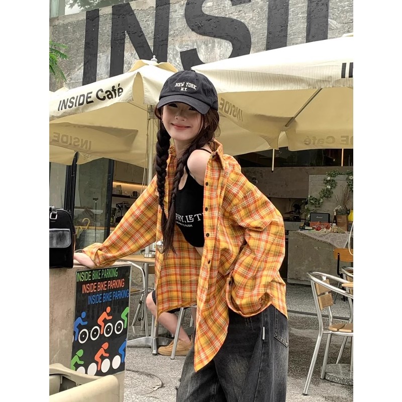 黄色格子防晒衬衫女2025春秋新款韩系小个子休闲宽松格子衬衣外套