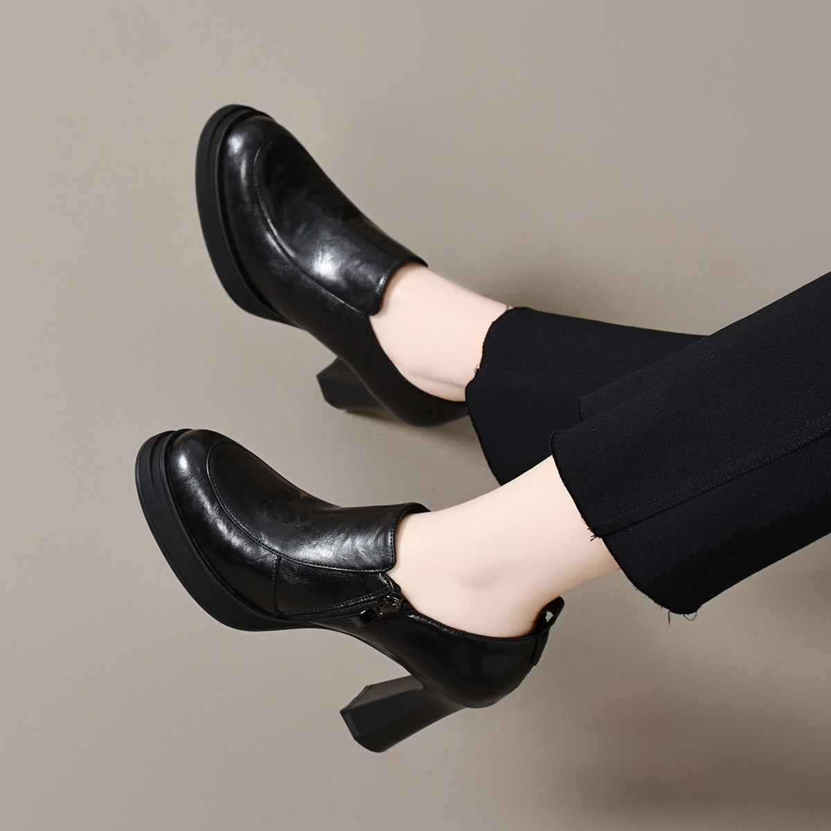 防水台深口单鞋女2025春秋款厚底8厘米高跟鞋圆头粗跟侧拉链女鞋