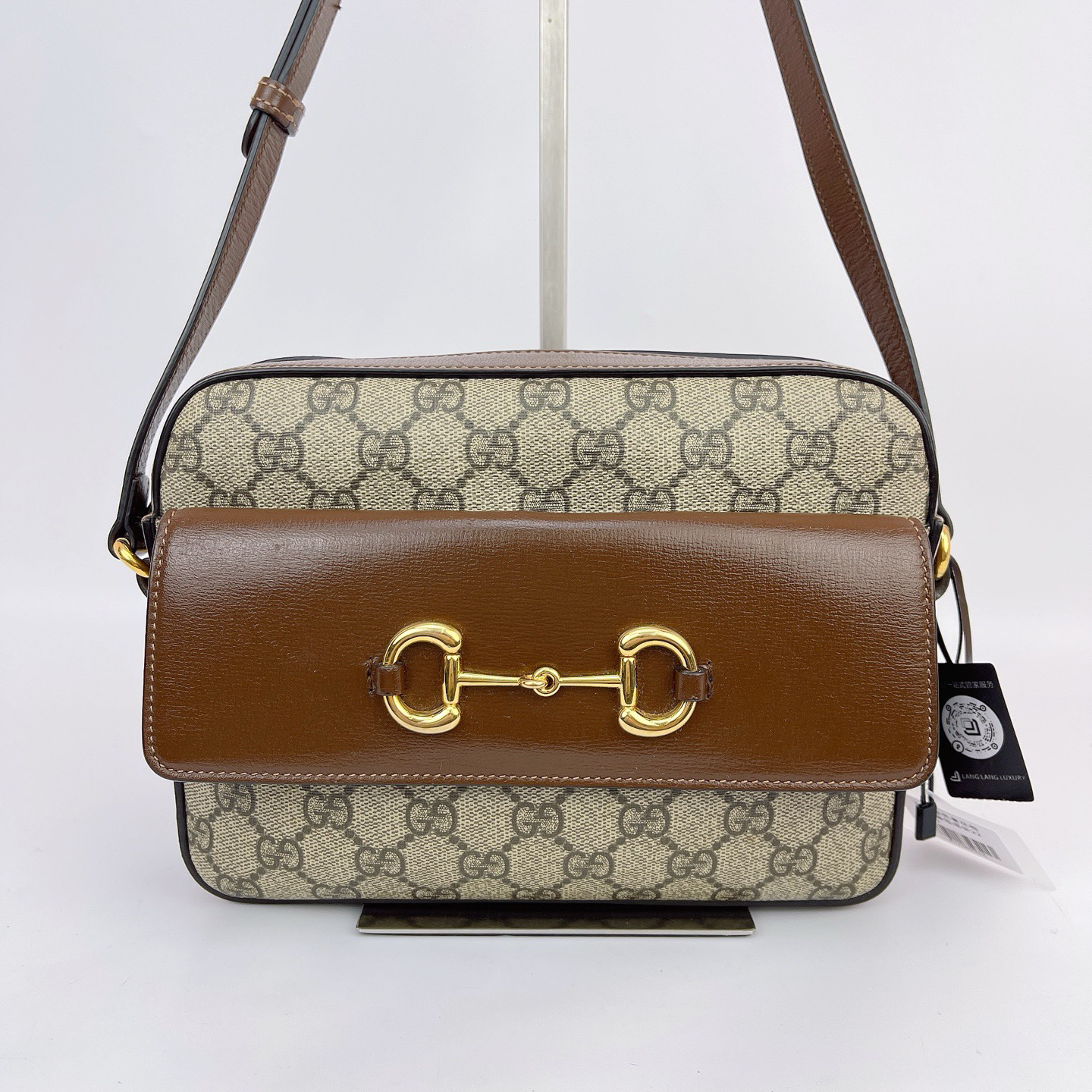 95新 GUCCI/古驰 古驰 棕色老花相机单肩包底长22 L597