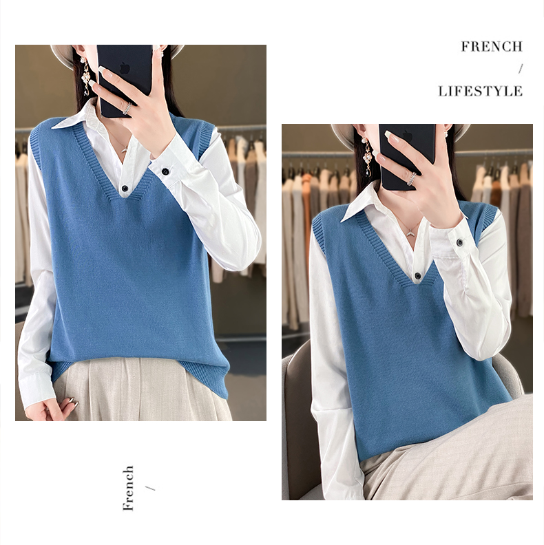 100%纯棉流苏V领马夹马甲标准套头常规厚款春季上衣春秋