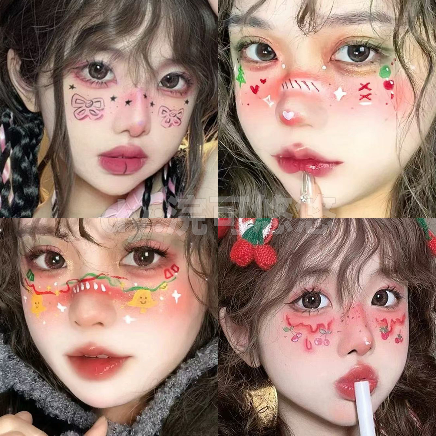 圣诞节ins学生可爱蝴蝶结铃铛妆容脸贴腮红防水防汗贴纸派对写真