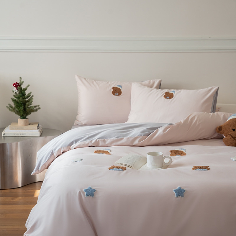 长绒棉可爱小熊全棉水洗棉毛巾绣被套四件套全棉三件套床单床笠