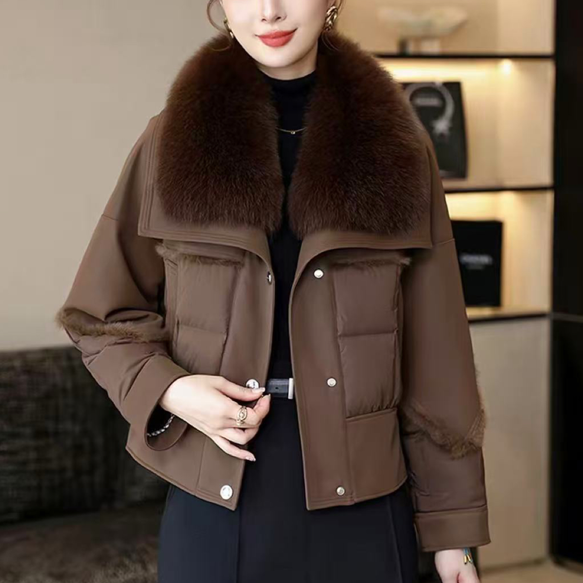 专柜正品兔皮毛一体外套新款高端鹅绒羽绒服