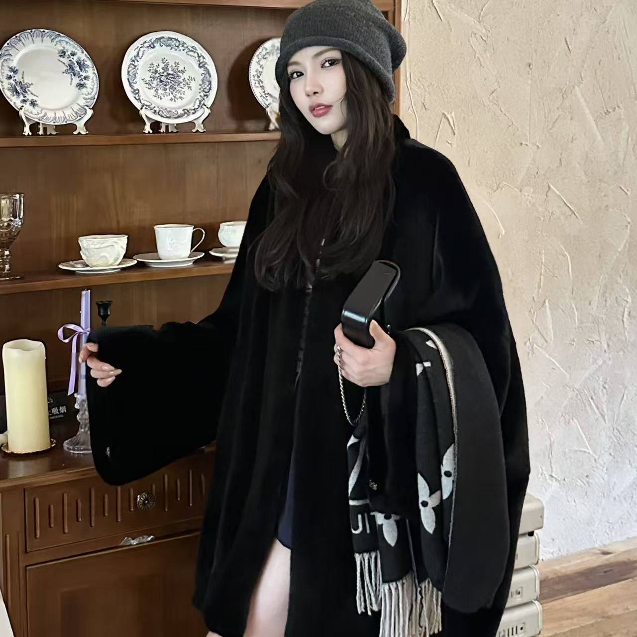 【球球】2518新款v领宽松进口水貂时尚蝙蝠袖阔版女款貂皮大衣