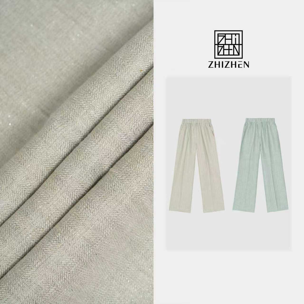 夏季新款极简风蓝色麻色净版休闲裤子【嘉静】