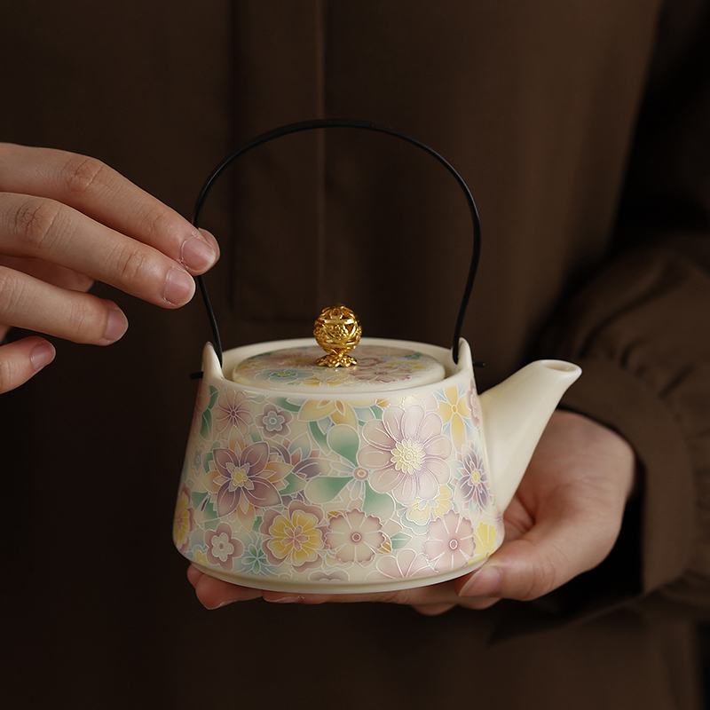 米黄定窑润釉万花提梁壶陶瓷小茶壶泡茶带过滤防烫功夫茶具单壶