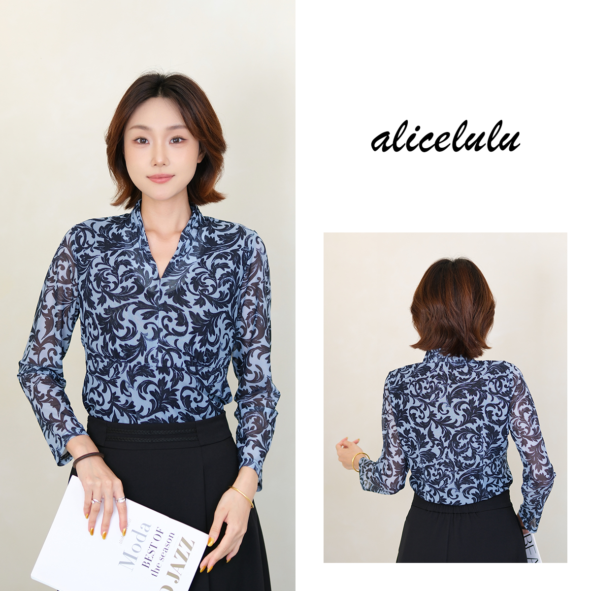 [alicelulu]新款印花v领上衣衬衫宽松休闲百搭显瘦S2144218E
