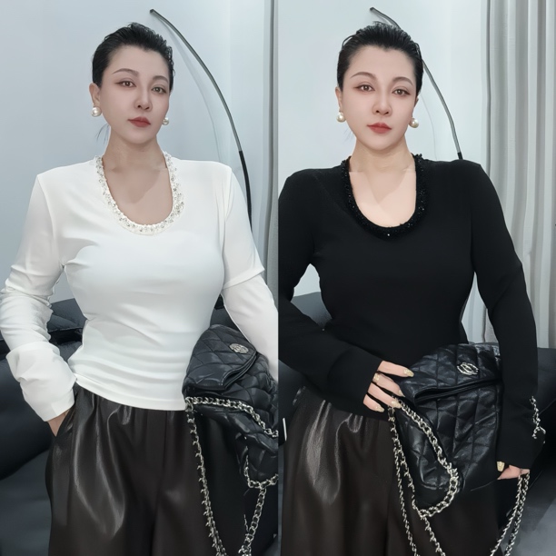 大清仓！欧货时尚重工手工穿珠大U领长袖T恤