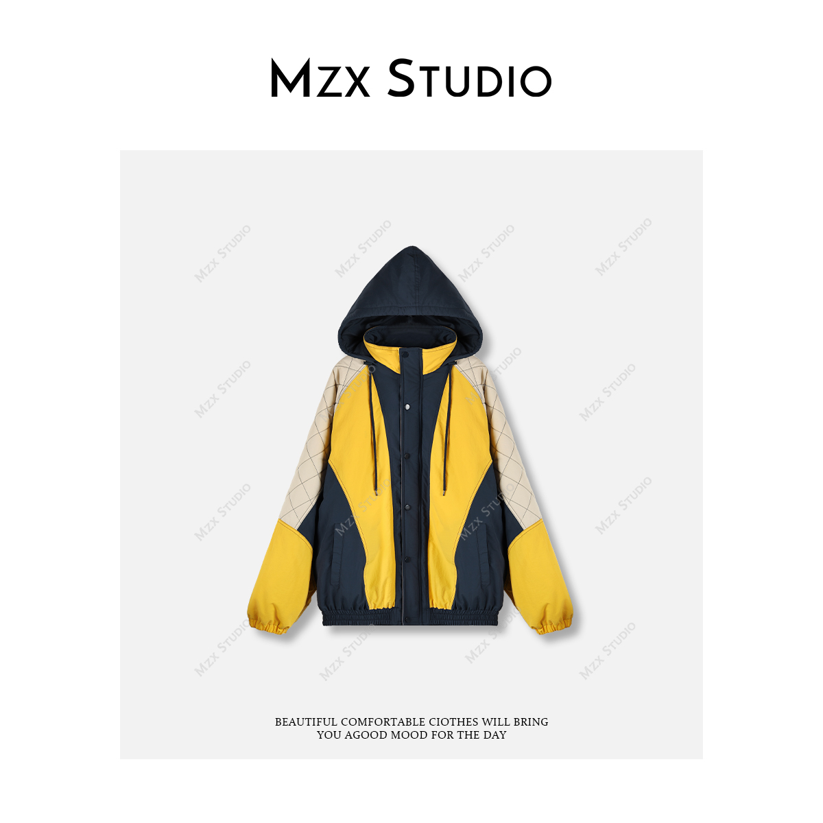 【MZXSTUDIO】“绵羊毛撞色棉服短款冬季”菱格立领连帽外套MF11765-C