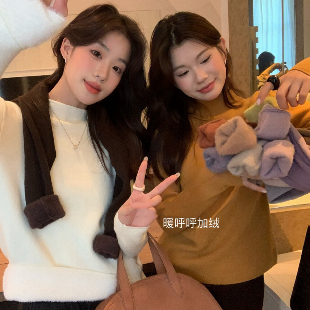 冬季半高领加厚修身保暖百搭一体绒针织衫  