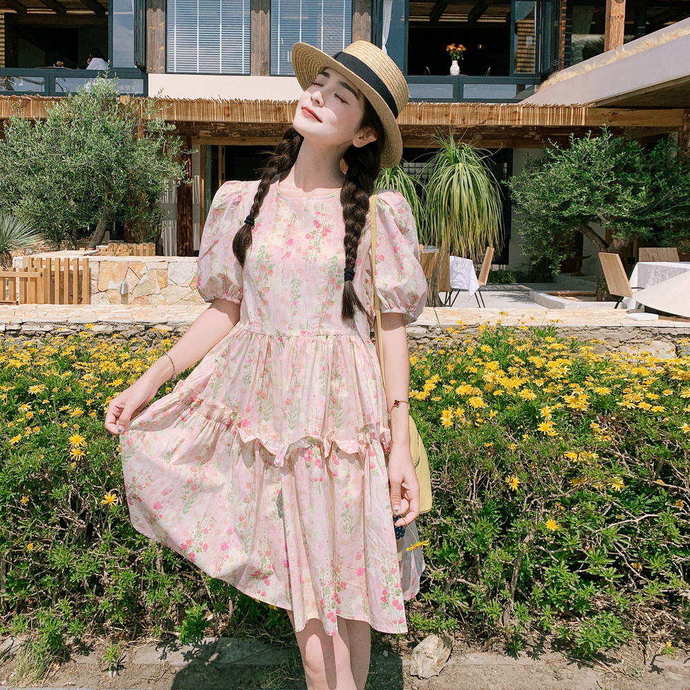碎花法式连衣裙气质泡泡袖印花裙圆领娃娃裙夏季小清新甜美公主