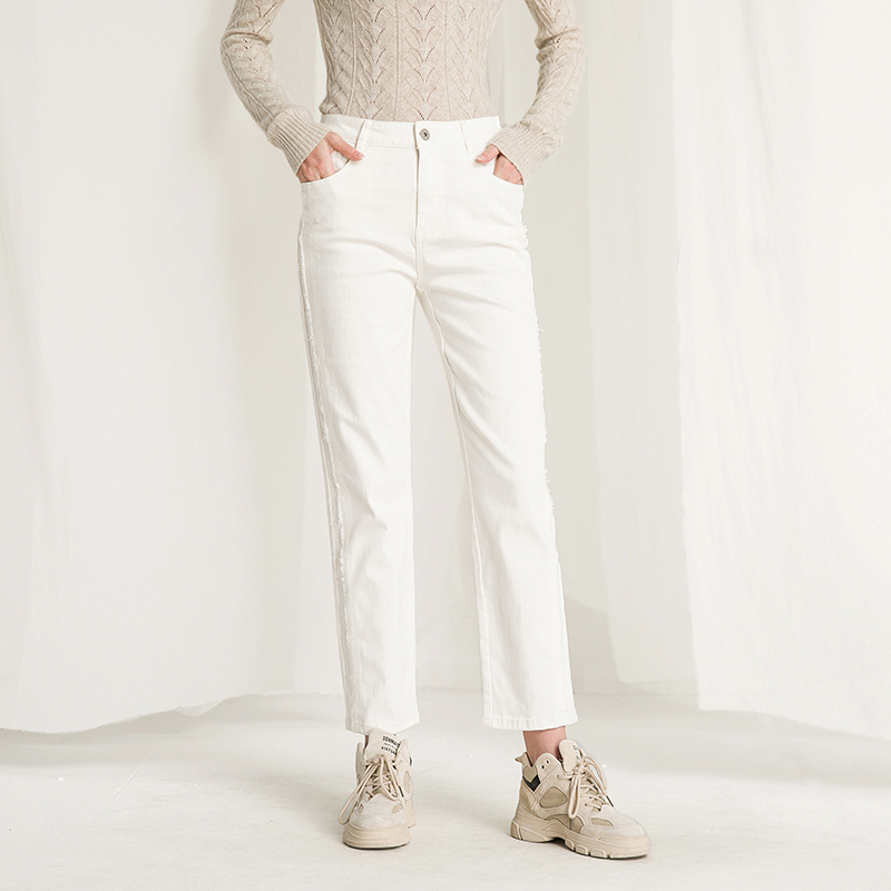 famecoco范可儿秋长裤黑色高腰水洗直筒牛仔裤女D216GA300