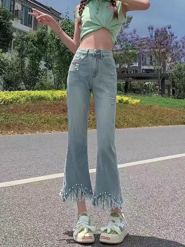 微喇裤 胖妹妹显瘦重工订珠微喇裤