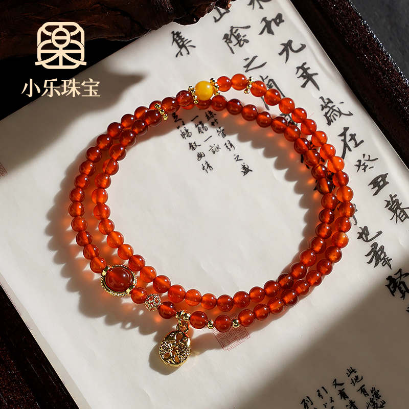 本命年双圈红玛瑙蜜蜡单珠显白设计款女式手链多样性发一-Y0975