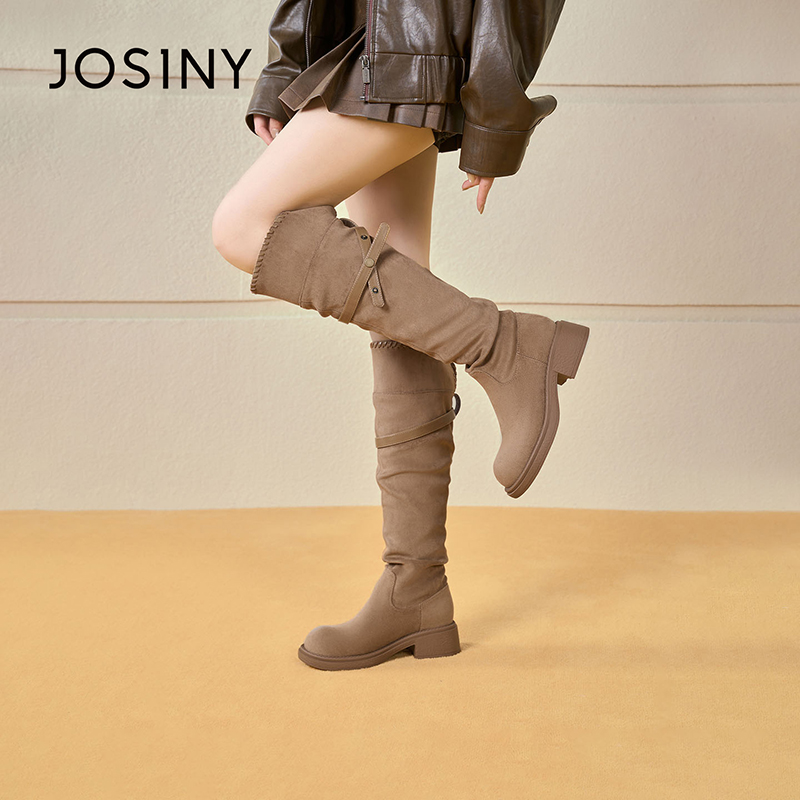 卓诗尼圆头粗跟不过膝长筒靴女2025冬新增高百搭时装靴582A82524