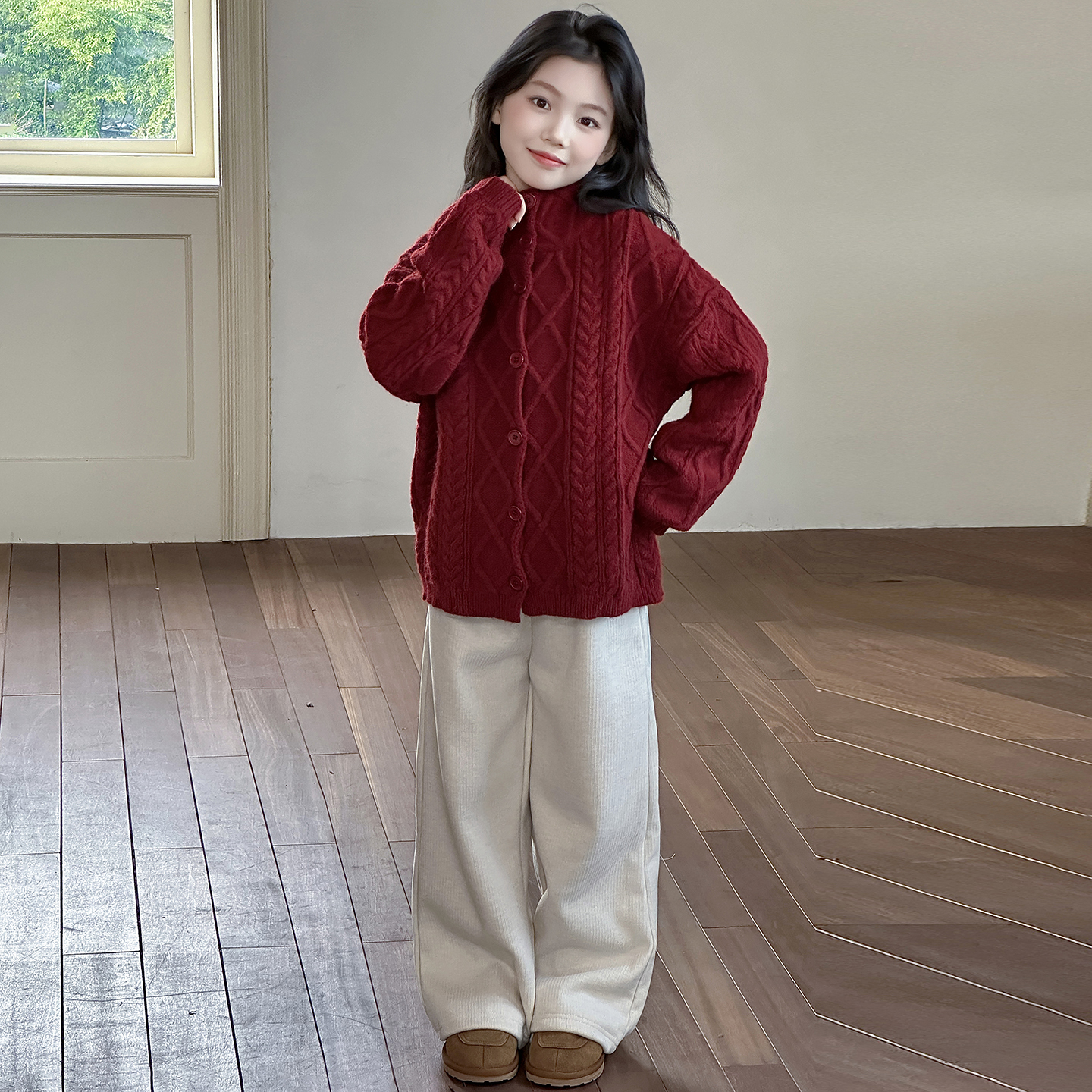 女童红色毛衣洋气时髦中大童秋冬款加厚开衫毛线衣儿童超好看冬装