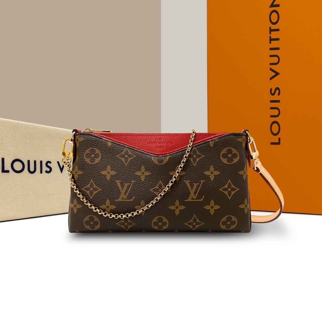 99新 LouisVuitton/路易威登 老花红色pallascluth传奇链条包