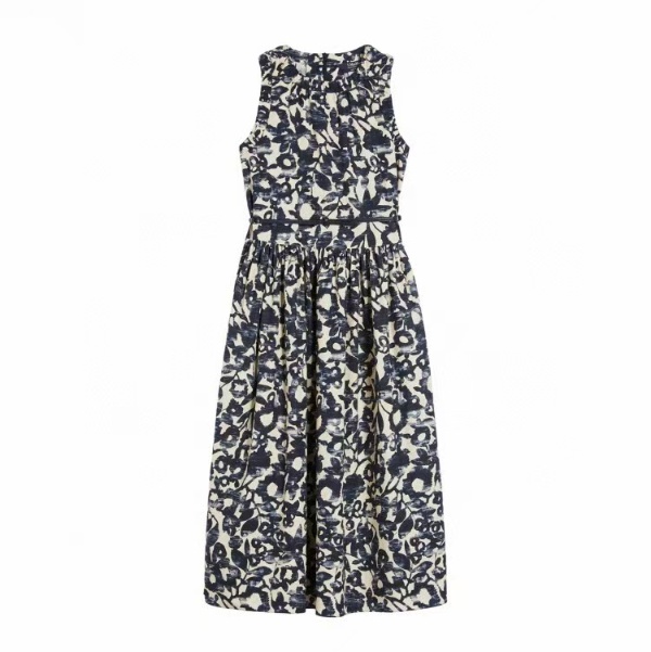 【蓝调花影】2025夏季新款时尚宽松休闲圆领印花连衣裙D0286