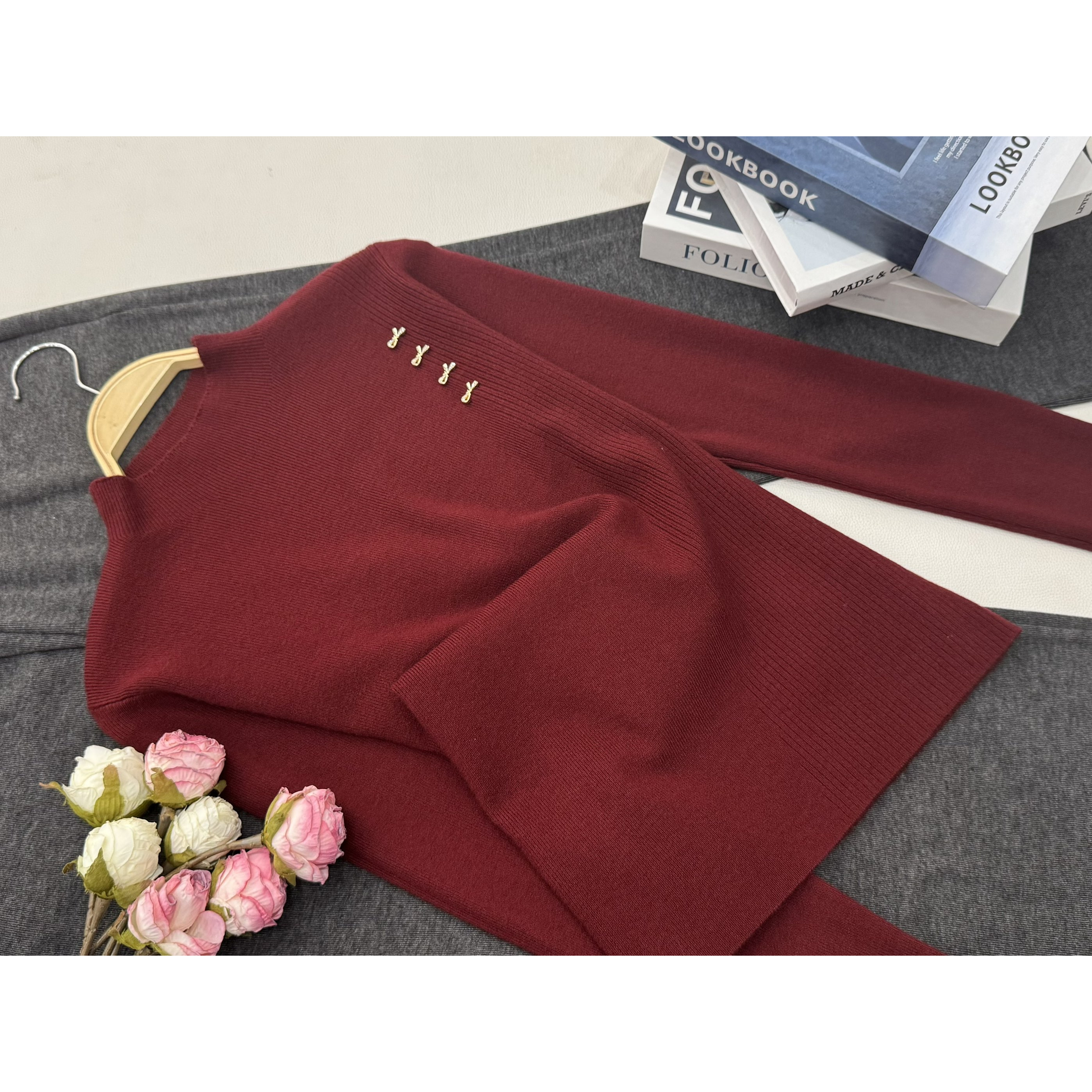 【红色蝴蝶结套头】早秋新款时尚长袖针织上衣QC5944