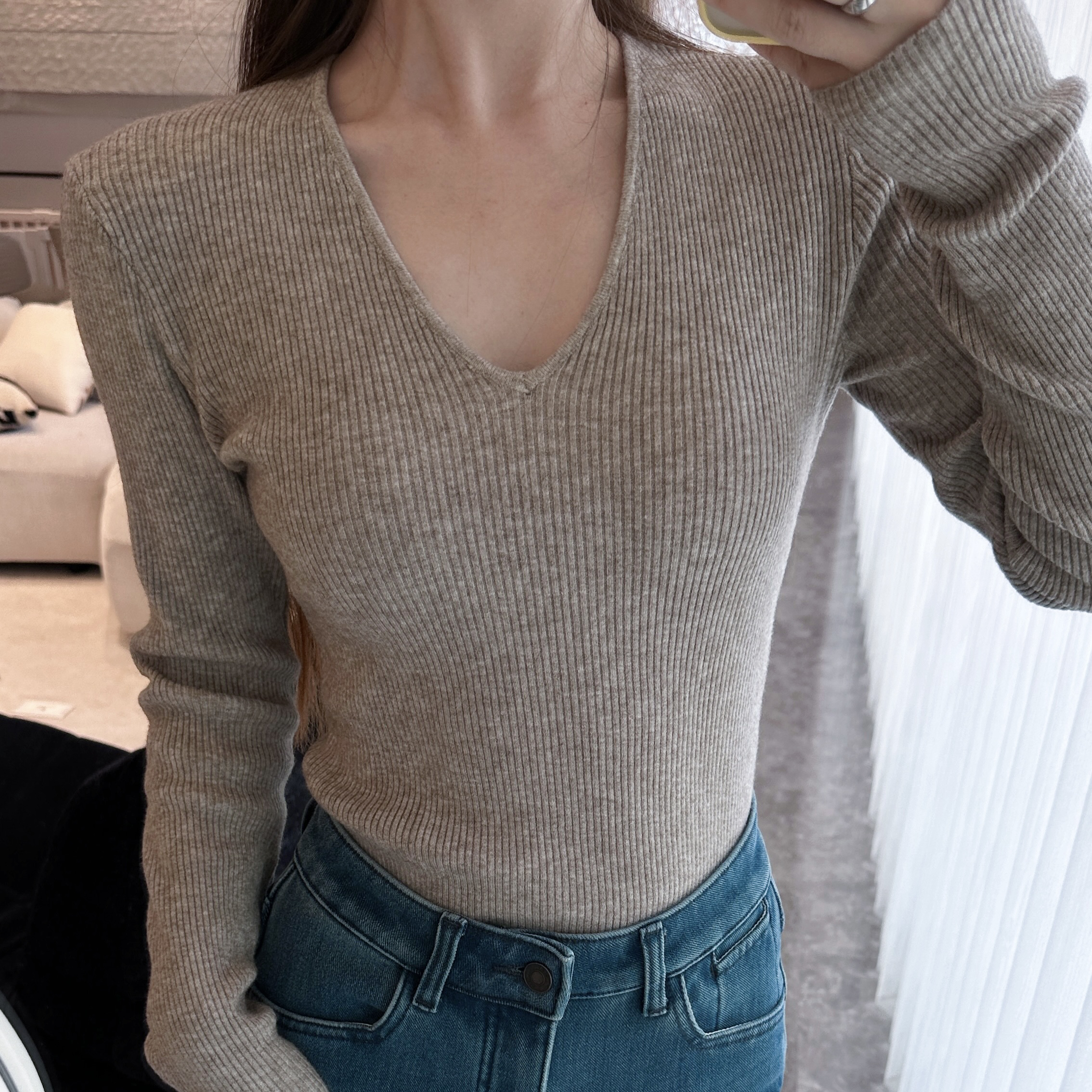 百搭秋冬韩系慵懒风V领针织打底衫女长袖上衣