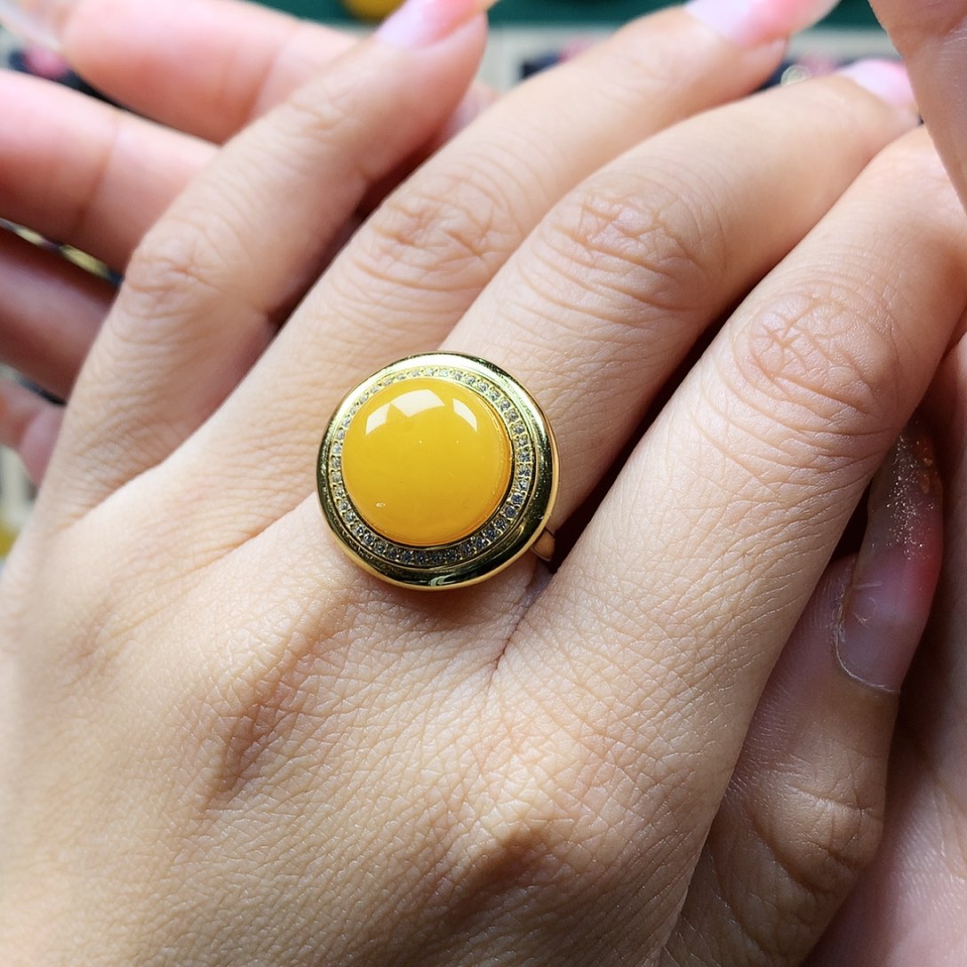 蜜蜡戒指银S925镶嵌戒指