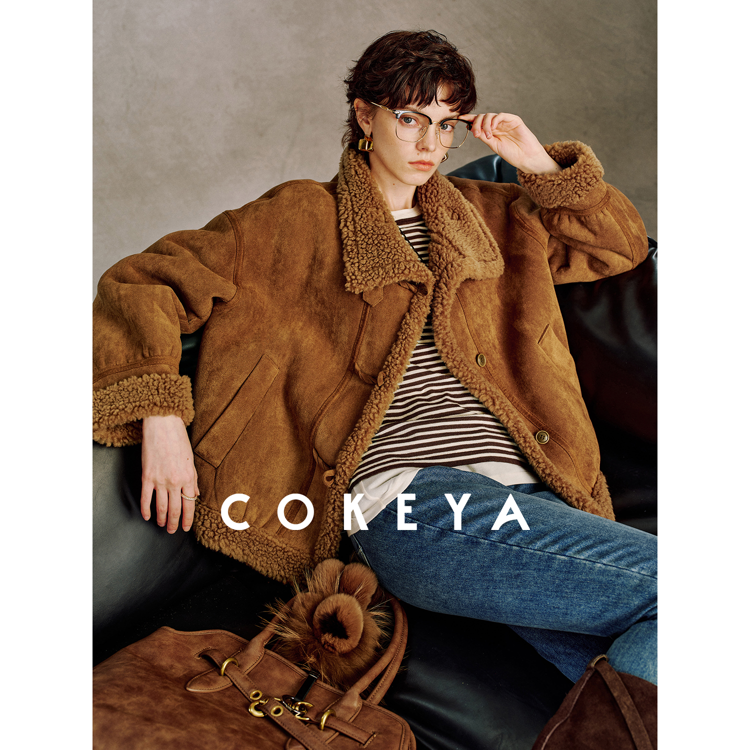 COKEYA/杜塞画廊~绵羊毛麂皮绒羊羔毛立领短款宽松夹克外套女冬