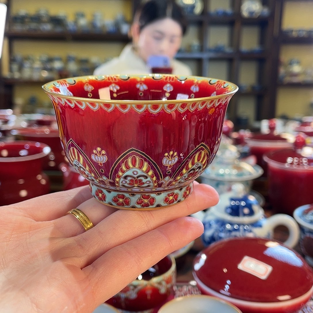 清欢雅玩原矿郎红藏品珐琅彩茶碗杯