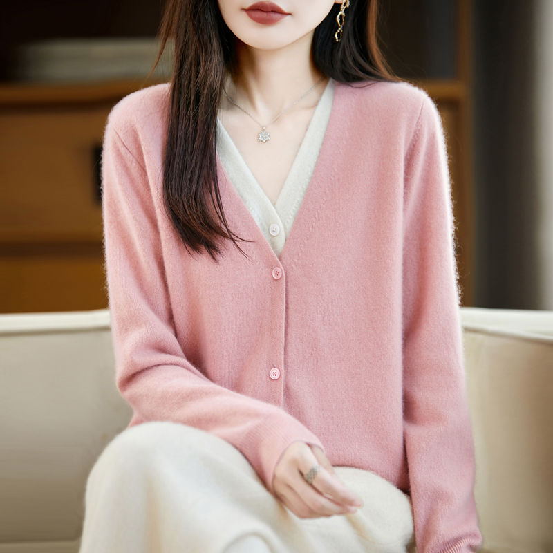 秋冬新款纯羊毛V领假两件开衫时尚百搭女