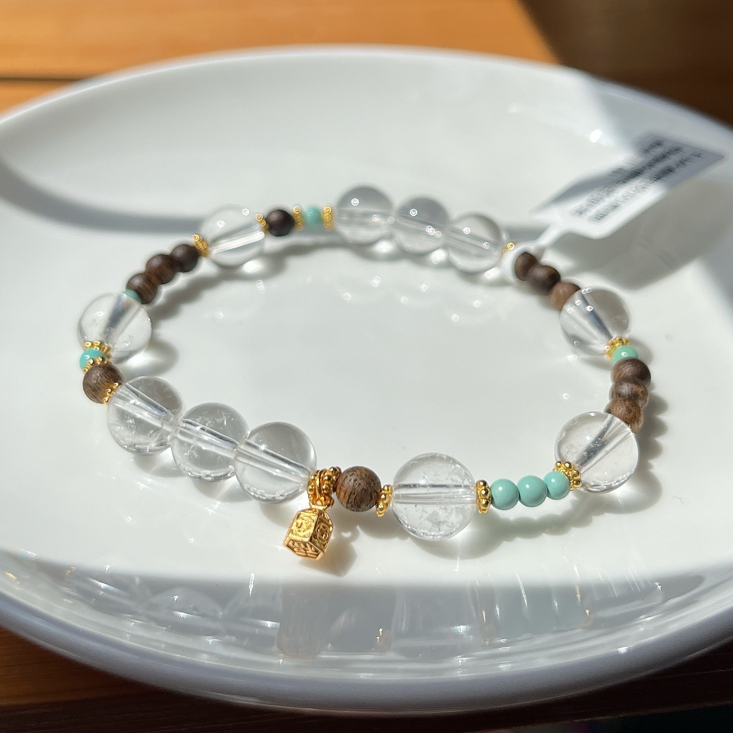 【郭老师】白水晶约8mm+沉香约4mm绿松圆珠约3mm搭银塔手串