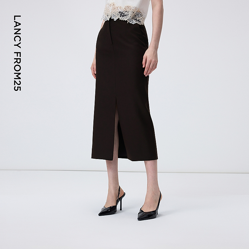 朗姿欧洲EiLEEN ELITEE2025年冬季新款长款羊毛前开叉西服半身裙