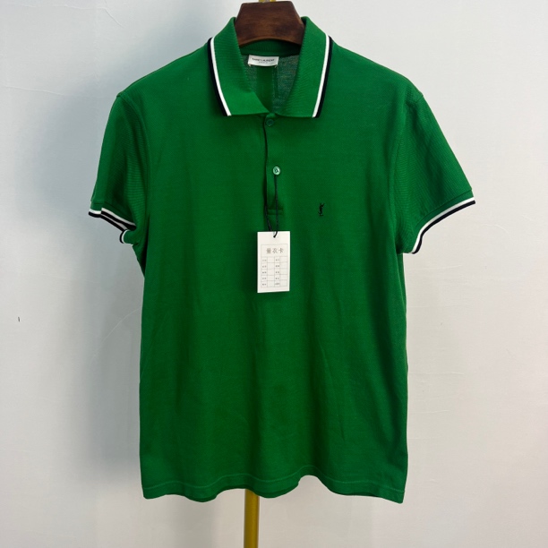 99新 YSL/圣罗兰 刺绣绿色翻领短袖Polo L码/0200