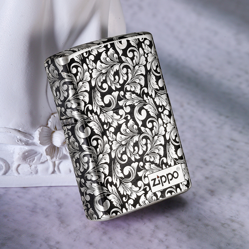 ZIPPOS925银唐草花套壳防风煤油打火机送男士礼物纯银DY8702TJ