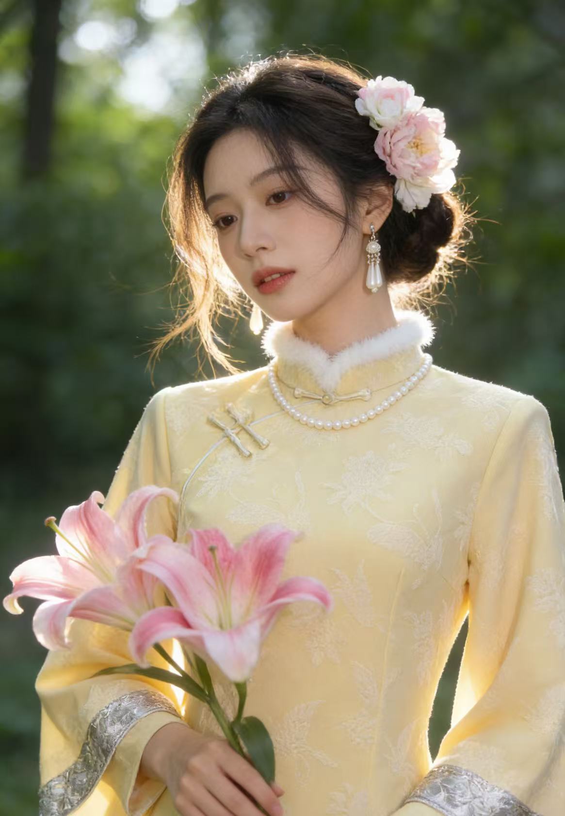 1444 黄色 缠结扣 双袖 【花恋蝶】 旗袍