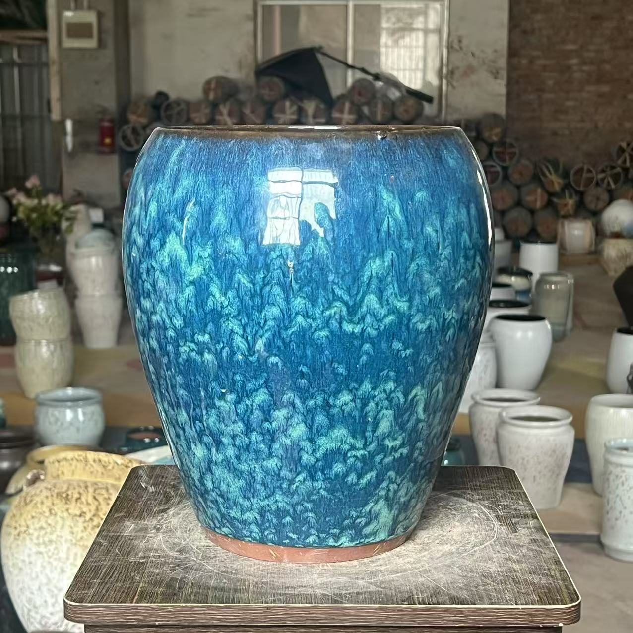 210高端宜兴紫砂花盆孔雀羽水晶釉龙蛋大盆