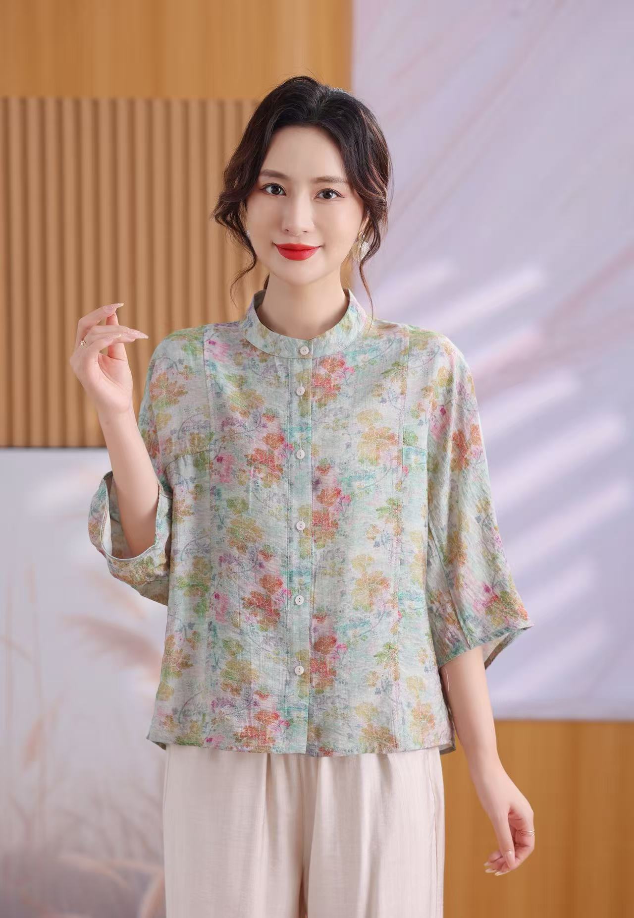 2025妈妈夏季高定款人丝麻宽松凉感显瘦立体裁剪小衫衬衫上衣