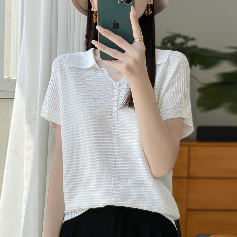 修身小众翻领白色针织短袖条纹纯色夏季女士冰丝POLOT恤