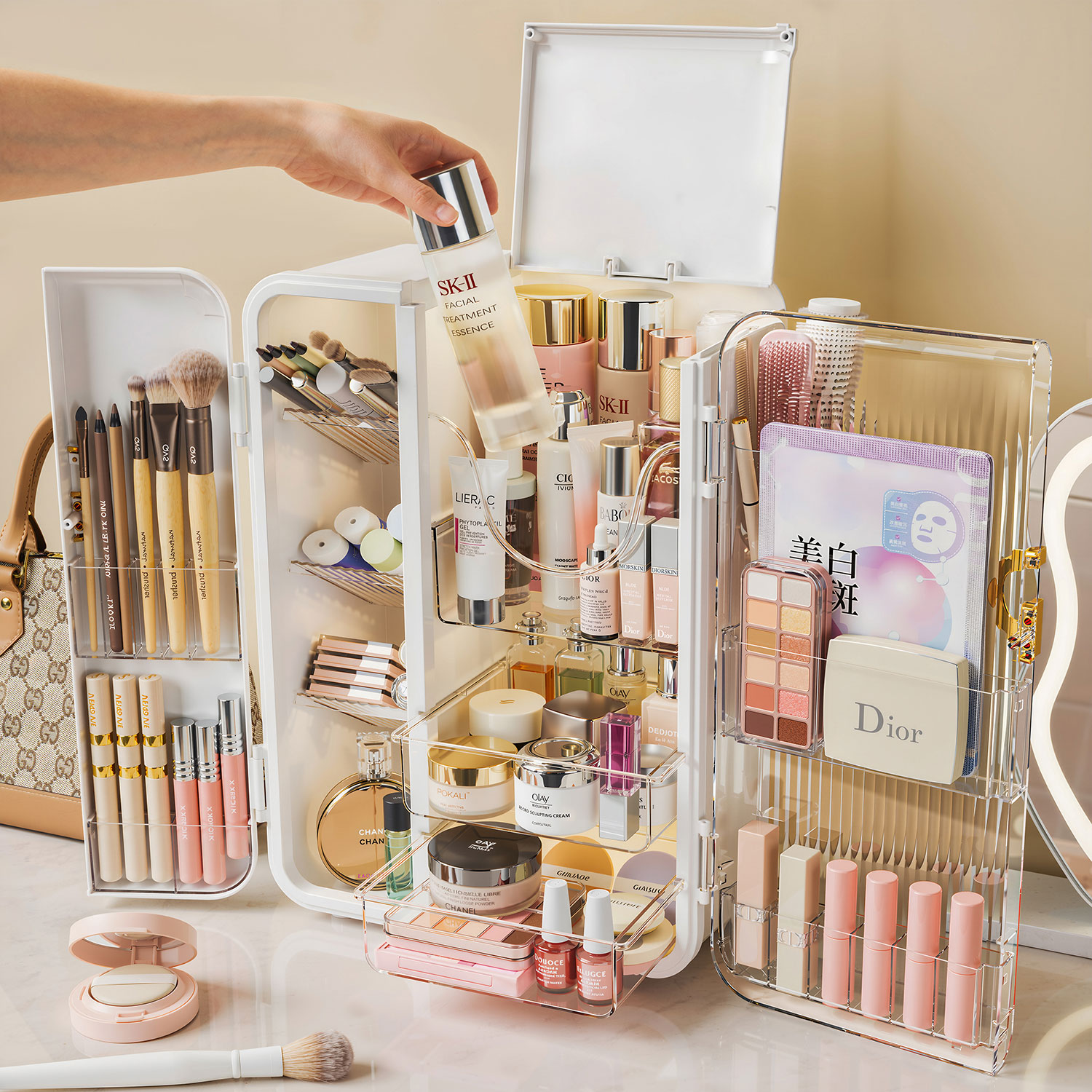 化妆品收纳盒桌面高级感透明带盖化妆刷收纳筒梳妆台置物架抽屉式