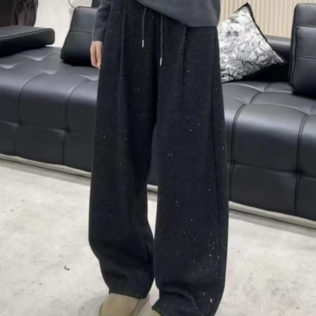 撒银工艺女裤冬手加绒加厚高腰抽绳显瘦时尚百搭弯刀裤