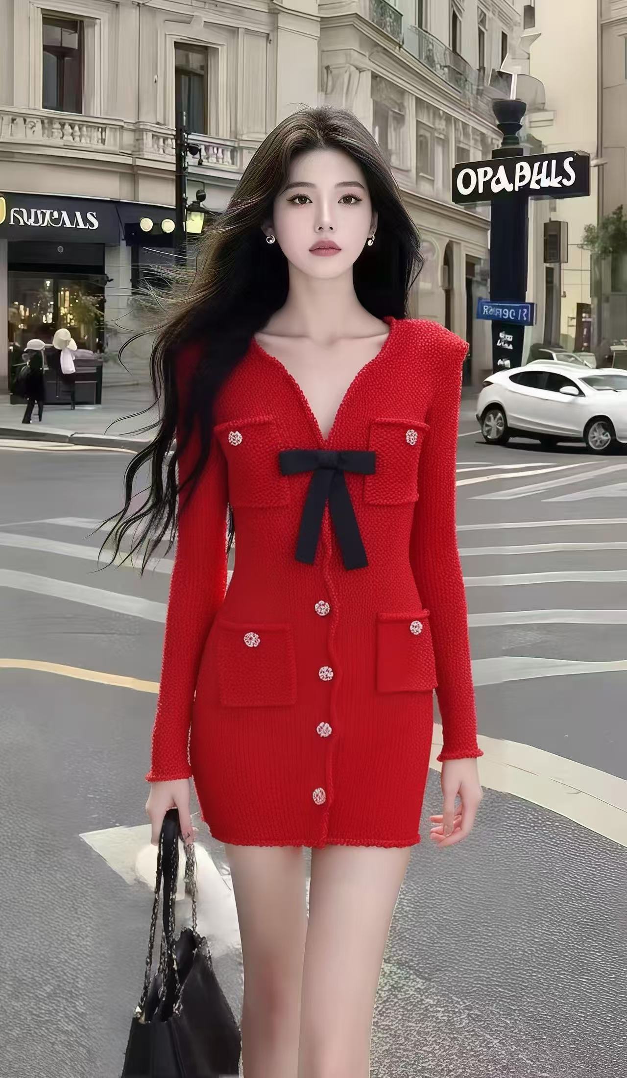 轻奢法式气质名媛高级感红色V领长袖修身针织收腰包臀连衣裙女