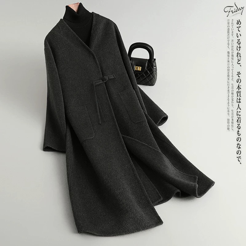 秋冬新中式高端双面呢大衣女毛呢外套中长款国风复古V领韩系大衣