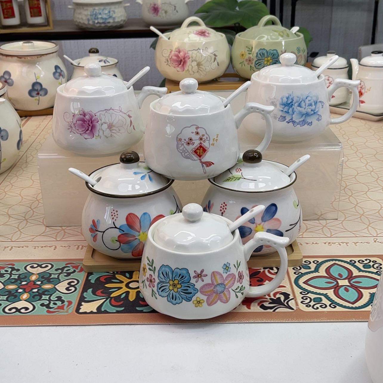 【闪购商品】瓷500毫升单柄调味罐花开福青花春色各一